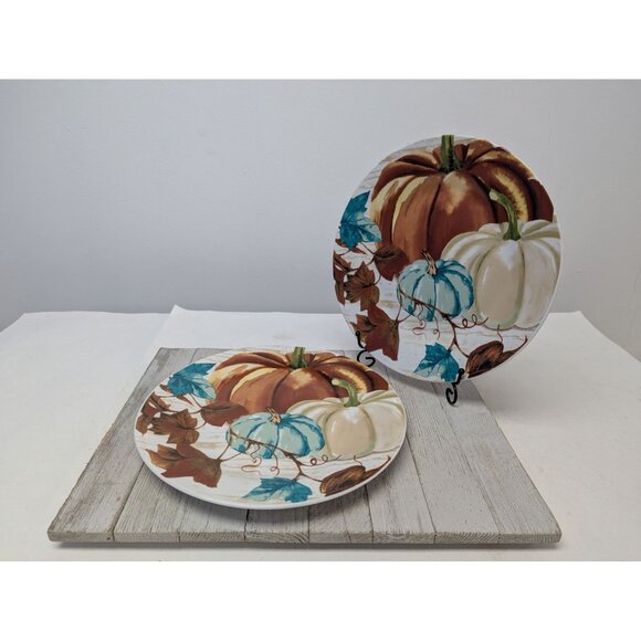 Royal Norfolk Autumn Pumpkins Set Of 2 Fall Dinner Plates 10 1/2" - Picture 1 of 7